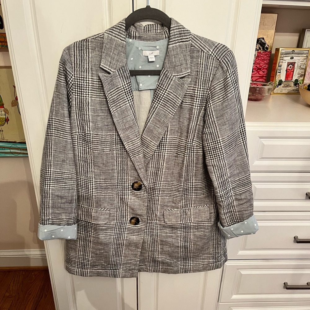Jjill boyfriend jacket size small plaid with polka dot trim like new